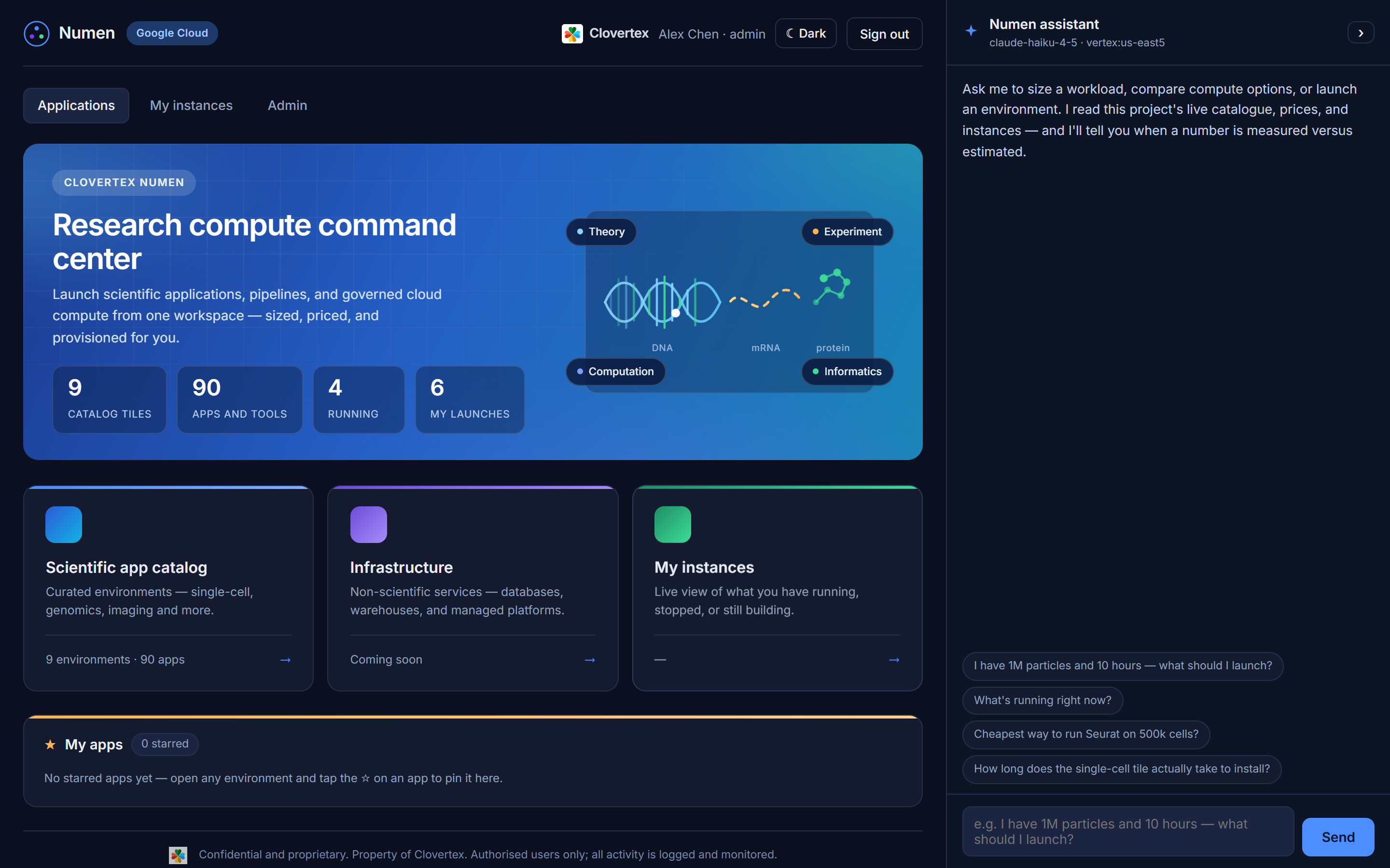 The signed-in home page: "Research compute command center" banner with the four science pillars, the counters row (catalog tiles / apps and tools / running / my launches), and the three cards - Scientific app catalog, Infrastructure, My instances.