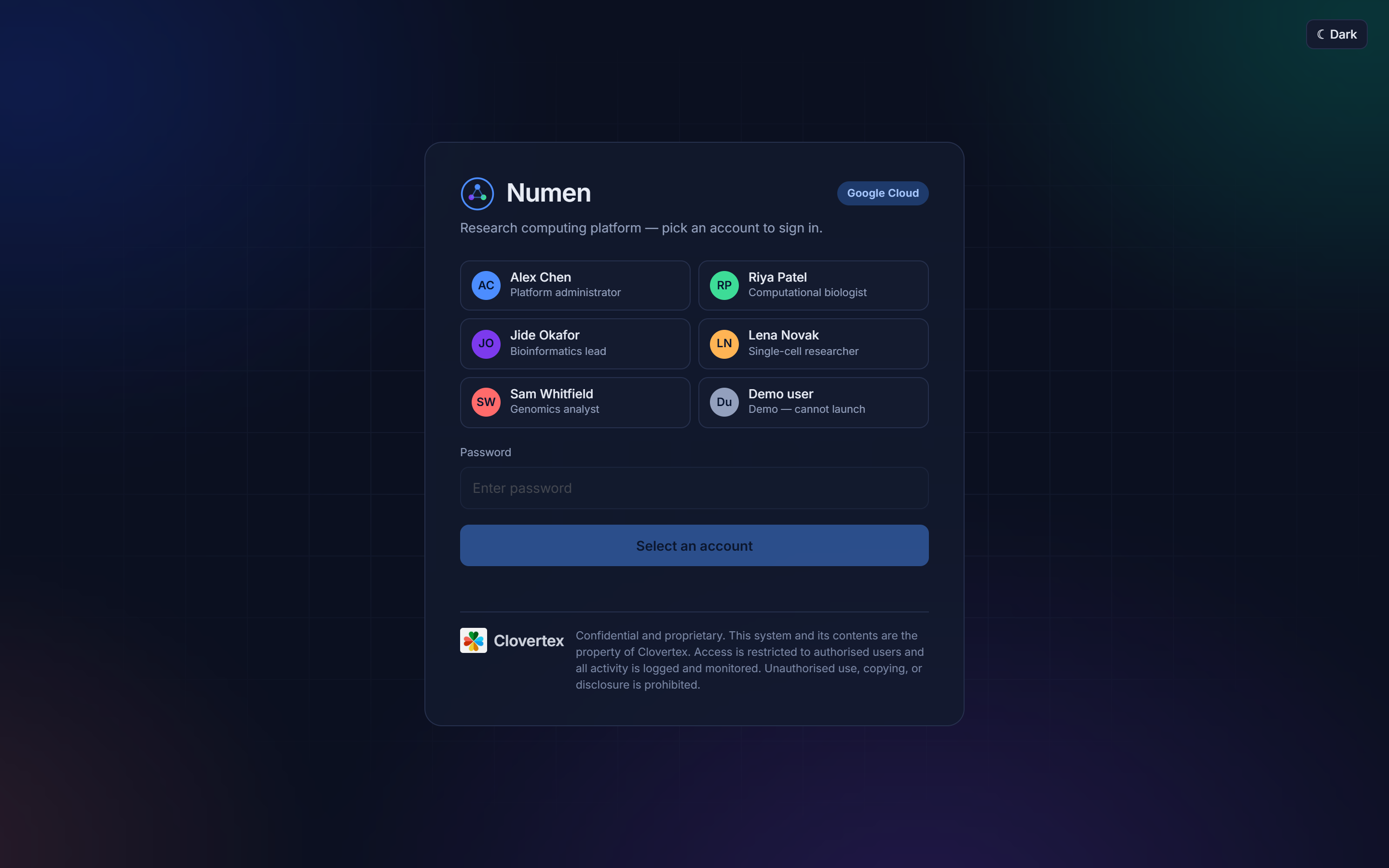 The sign-in card: six accounts in two columns - Alex Chen (Platform administrator), Riya Patel, Jide Okafor, Lena Novak, Sam Whitfield (researchers), and Demo user. Password field beneath, then the sign-in button.