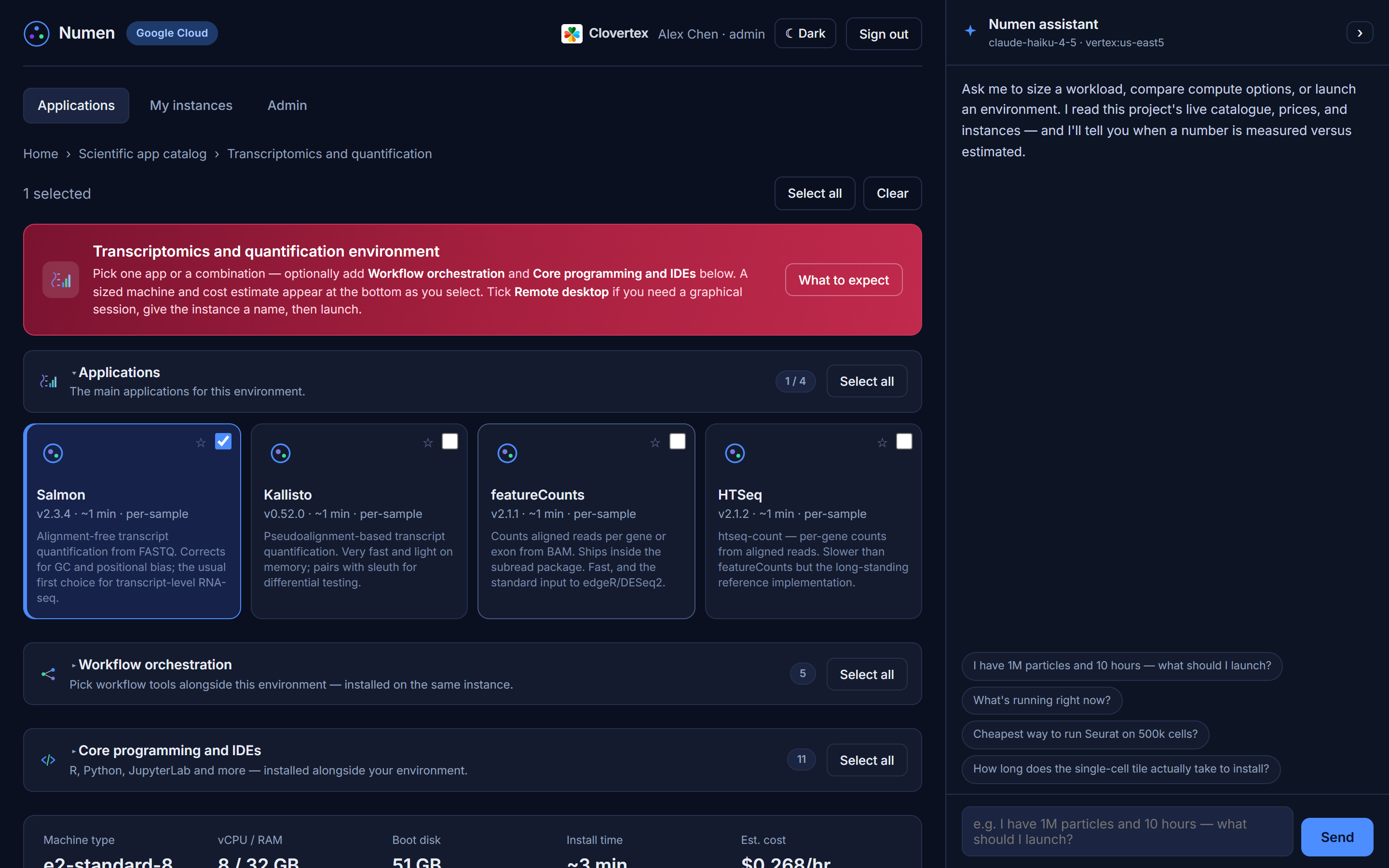 A tile opened - application rows with checkboxes, names, versions and descriptions, and the recommendation panel showing the proposed machine, hourly cost and install estimate.