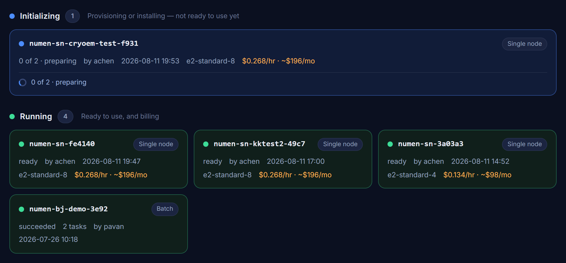 An instance under the "Initializing" heading, captioned "Provisioning or installing - not ready to use yet". The card for numen-sn-cryoem-test-f931 shows a spinner and the live progress counter "0 of 2 · preparing", alongside its owner, machine type and hourly cost.