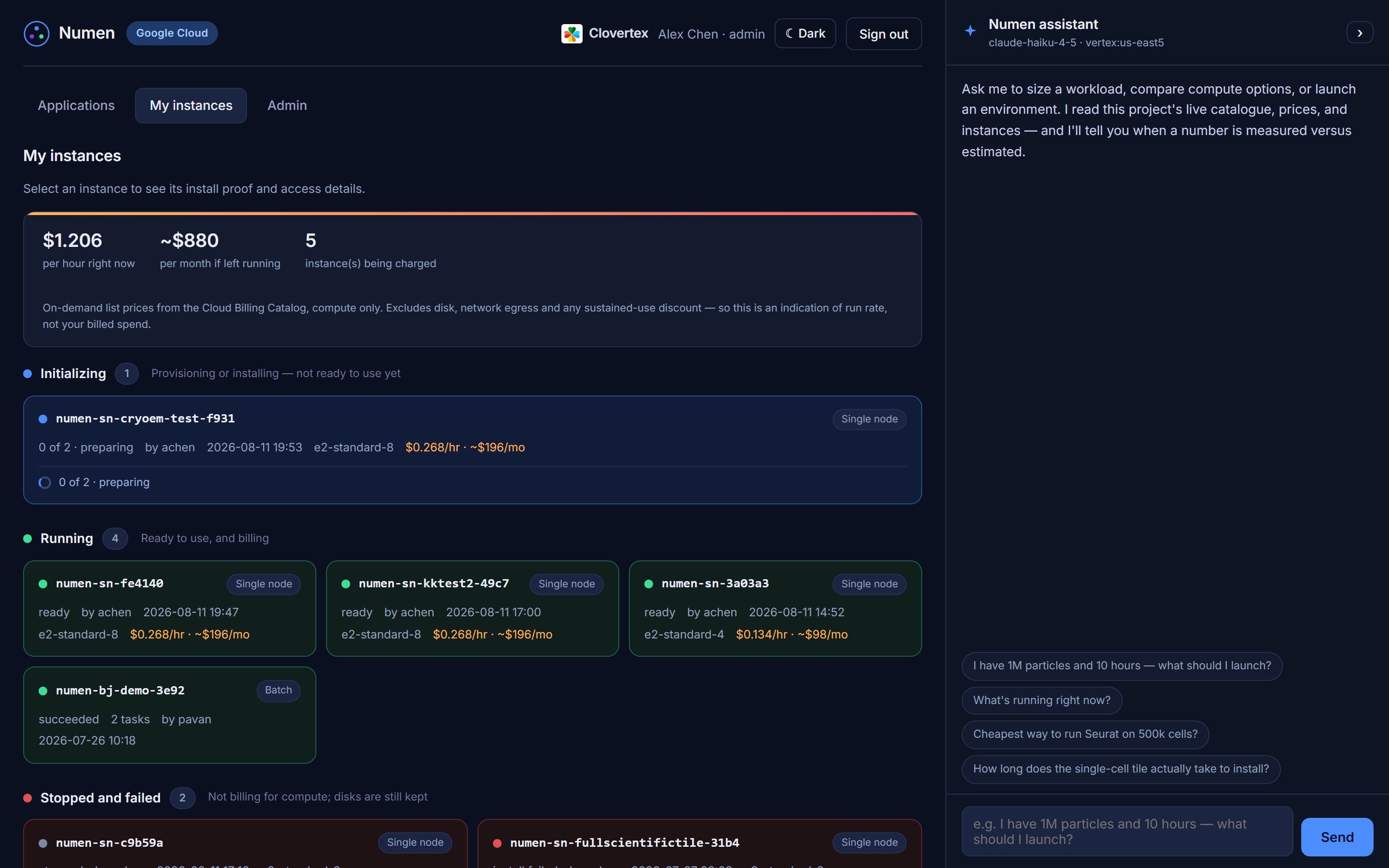 The My instances view - one card per environment showing name, state, machine type, the applications installed, and the actions available for your account.